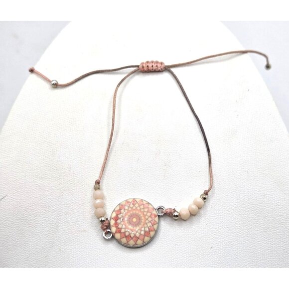 Adjustable Pink Mandala Beaded Bracelet With Cord & Silver-Tone Accents Handmade - Picture 1 of 3